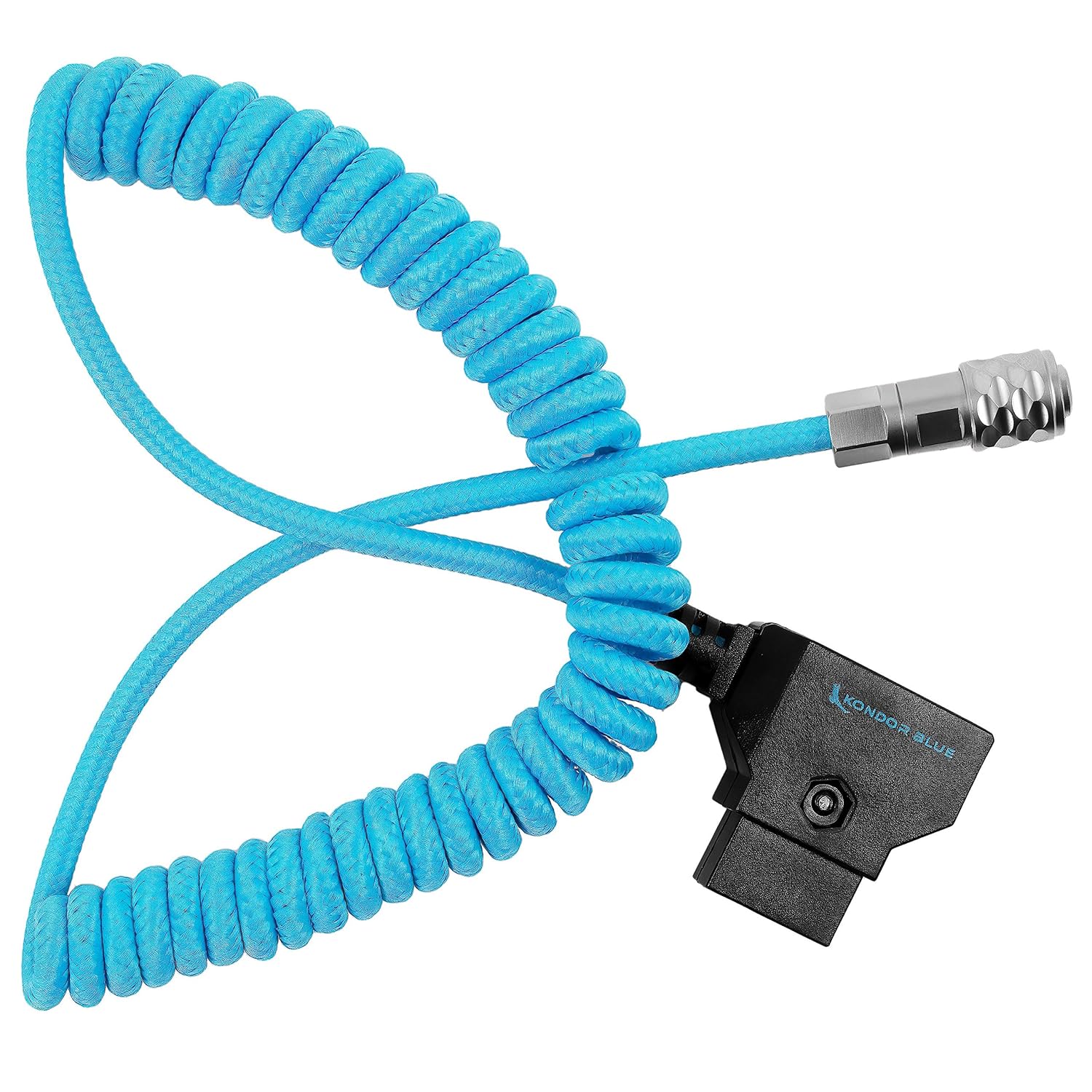 18"-30" D-Tap/P-Tap to 2-Pin Weipu Style Coiled Braided Power Supply Cable - Compatible with many DC plug battery options including BMPCC 4K/6K, the Sony NP series, and MOZA Air 2 - Blue