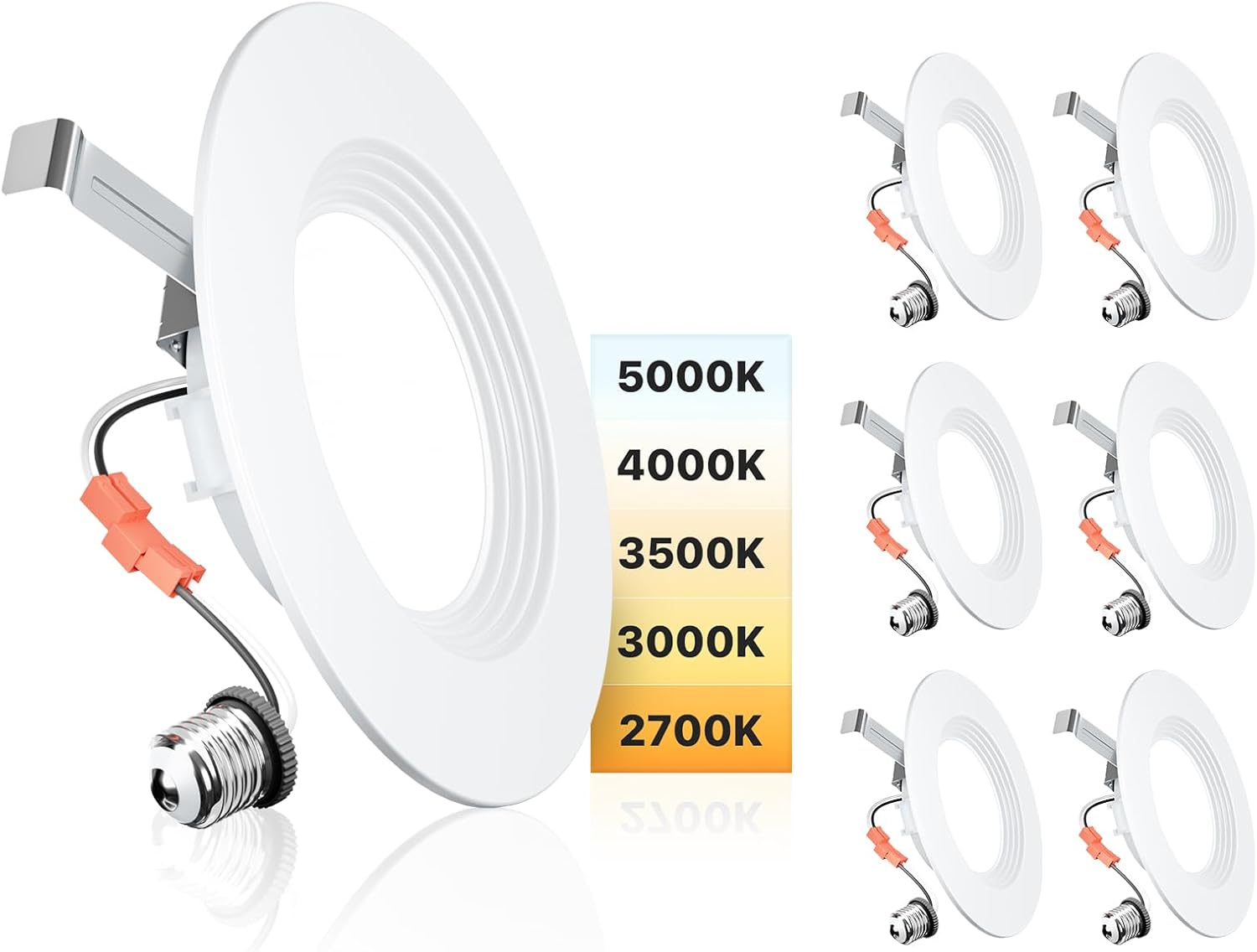 5/6 Inch 5CCT LED Can Lights 6 Pack, Retrofit Led Recessed Lighting, Baffle Trim, Dimmable, 9W=110W, 1000LM, 2700K/3000K/3500K/4000K/5000K Selectable, IC Rated - FCC Certified 6 Inch 5000k/4000k/3500k/3000k/2700k - 5cct white