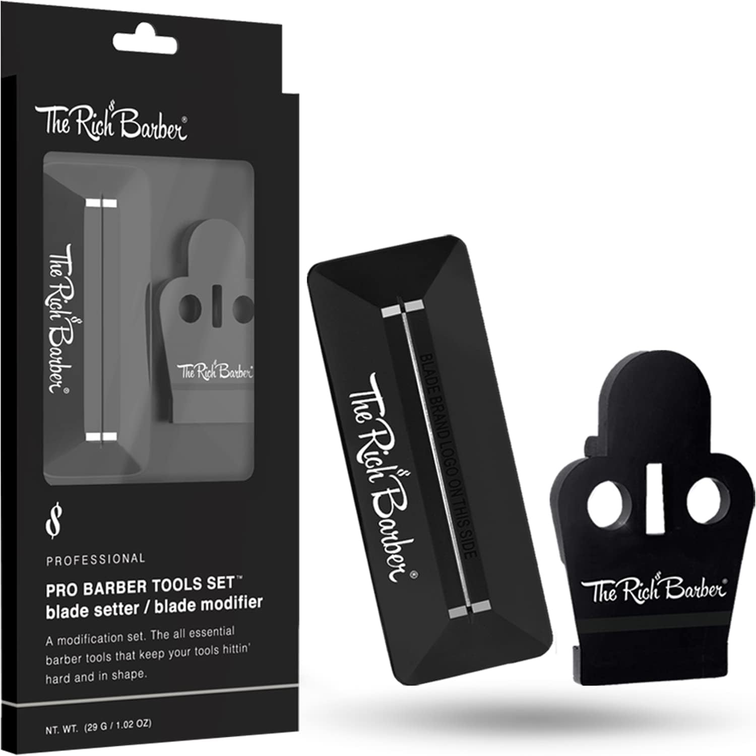 Pro Barber Tools Set - Accessories Kit with 1-Minute Blade Modifier & 10-Second Blade Setter - Zero Gap Trimmer Alignment Tool, Blade Sharpener Block - Professional Barber Supplies Black - Compatible With Andis T Outliner & Outliner II