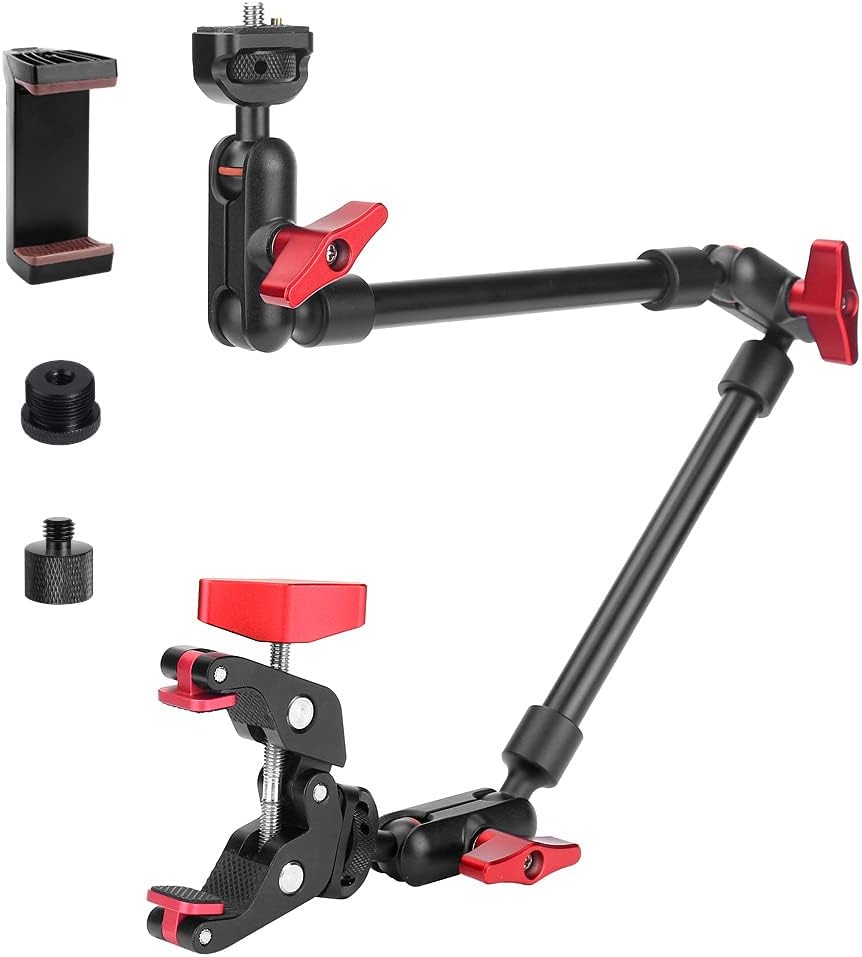 22" Magic Arm w Clamp Mount, Overhead Desk Phone Mount Stand, Adjustable Articulating Friction Camera Boom Arm w 1/4" Thread for Phone Video Light Webcam Action Camera Tripod Mic 22IN-RB