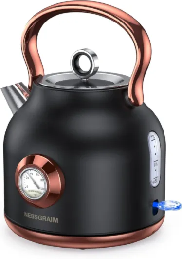 Retro Electric Kettle, 1.7L Stainless Steel Tea Kettle with Large Temperature Gauge, 1500W Fast Heating Hot Water Boiler with LED Indicator, Auto Shut-off & Boil-Dry Protection-Reteo Black Retro Black