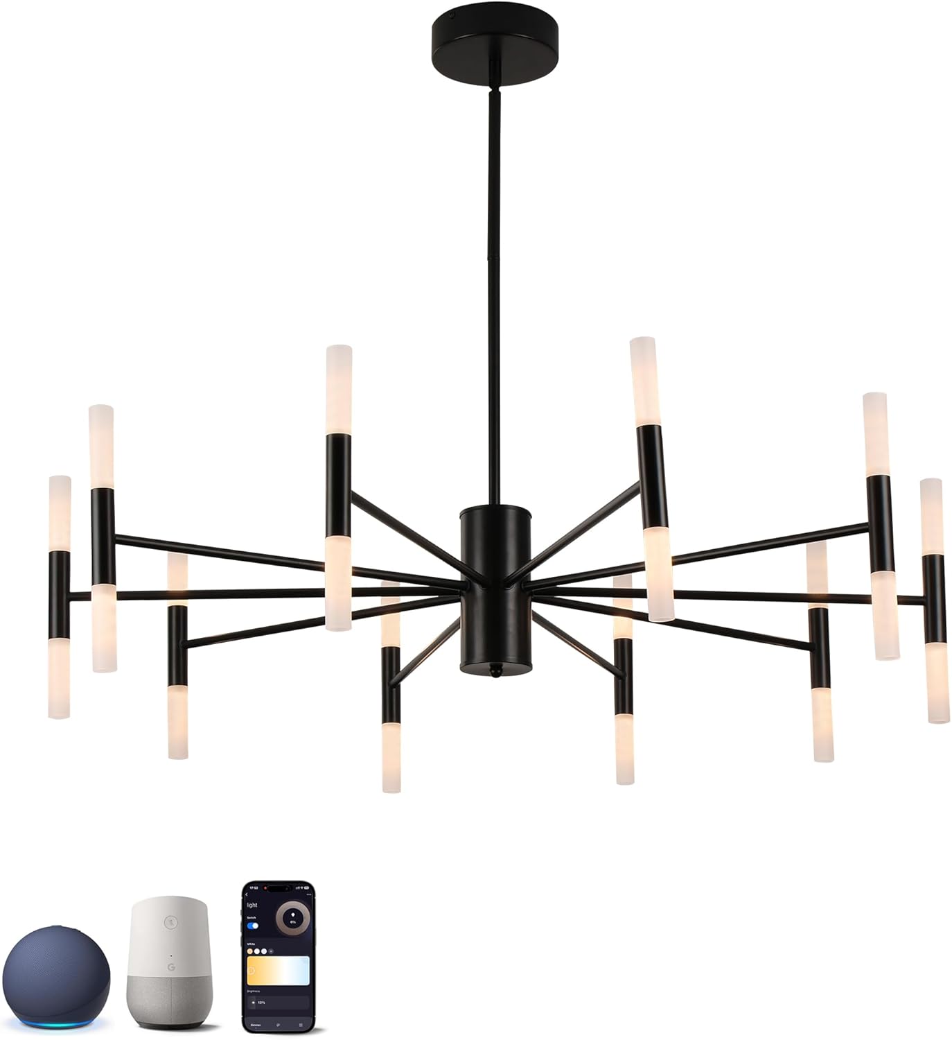 Modern Sputnik Chandelier Mid Century Black Chandeliers for Dining Room Living Room Kitchen Bedroom Support APP Voice Control Dimmable Smart LED Light Fixture(GB1337YY20-BK) 20-Light Black