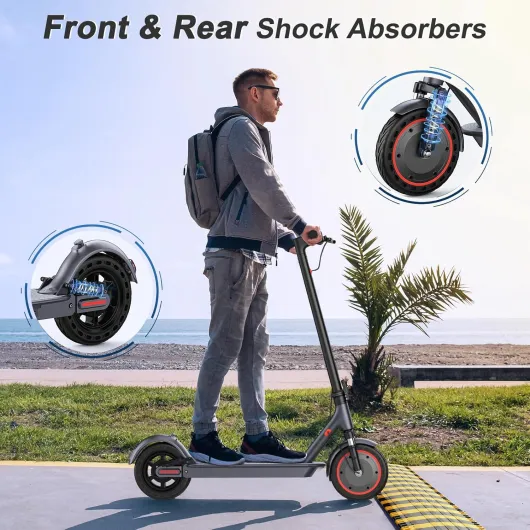 Electric Scooter, 350W/500W Powerful Motor, 8.5"/10" Solid Tires, 19/22Mph, 28/23/21/16 Miles Max Range, Dual Braking 10''-Dual Suspension-500W