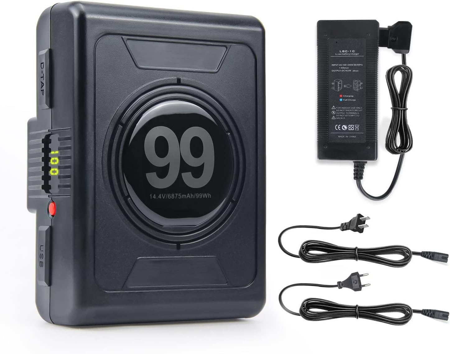 99Wh(6875mAh) Gold Mount Battery with D-tap Charger and D-Tap Output Cable for DSLR Camera Camcorder Broadcast LED Light Replacement Brick