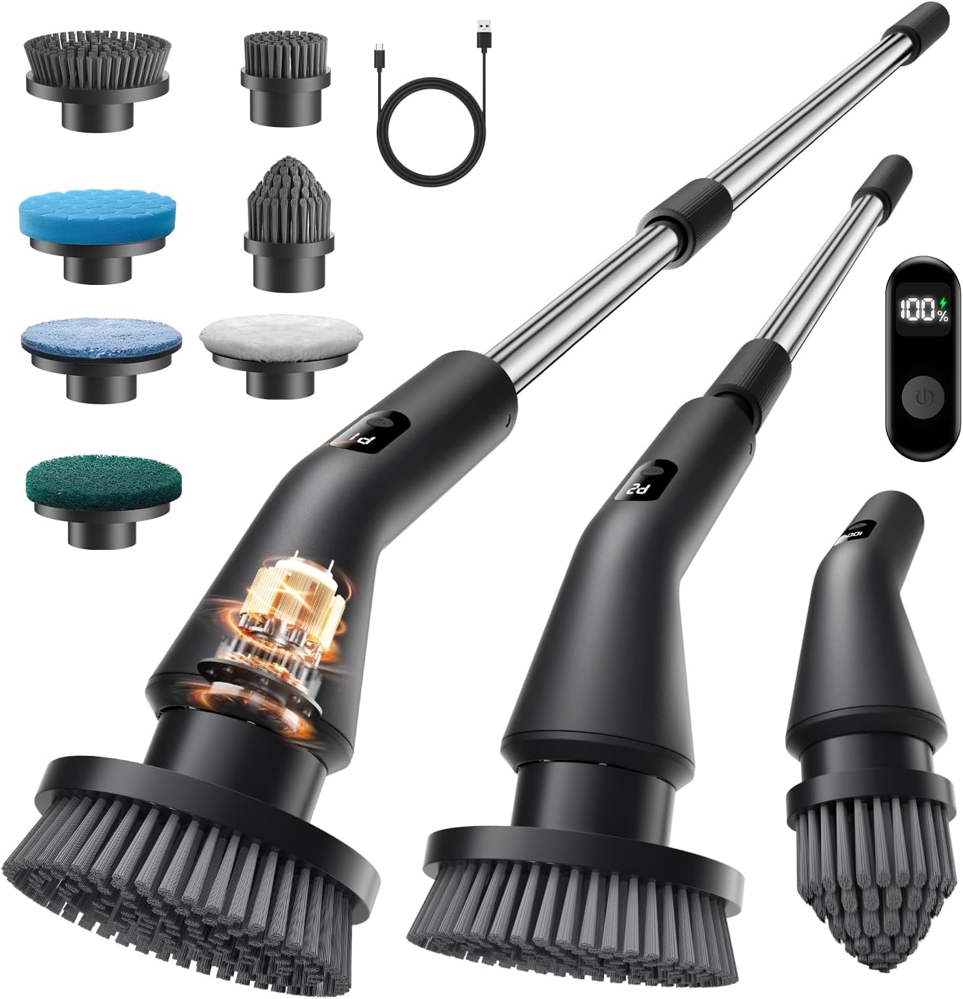 Electric Spin Scrubber, 2025 New Cordless Cleaning Brush for Home, IPX7 Waterproof Spin Scrubber with 7 Brush Heads, Adjustable Long Handle and 2 Rotating Speeds for Bathroom Tub Floor Black