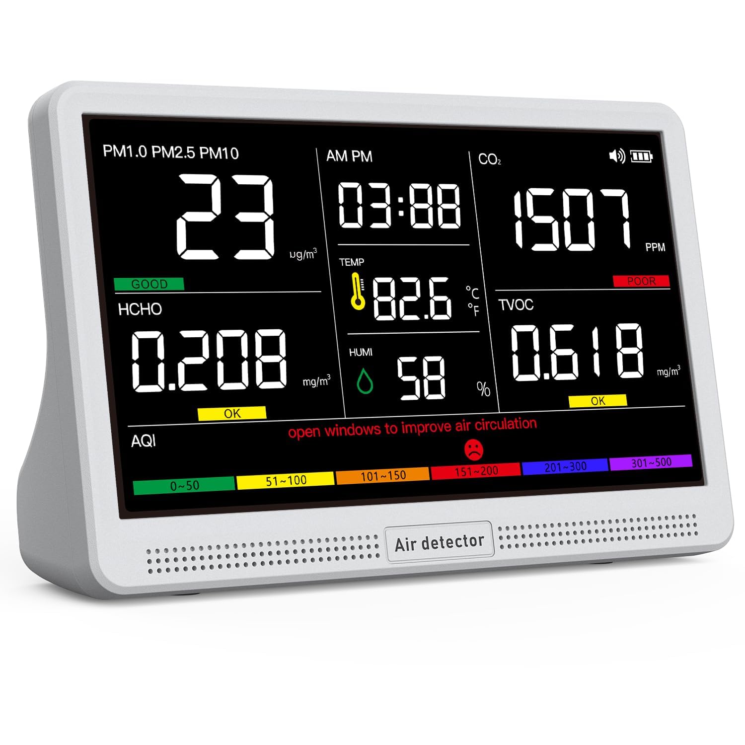 16 in 1 Air Quality Monitor Indoor 7" Display 9 AQI+7 AQI Alerts, CO2 Monitor Air Quality Tester for CO2, TVOC, PM2.5 PM1.0 PM10, HCHO Temperature Humidity AQI & Time Air Quality Meter for Home 8h Standard-White