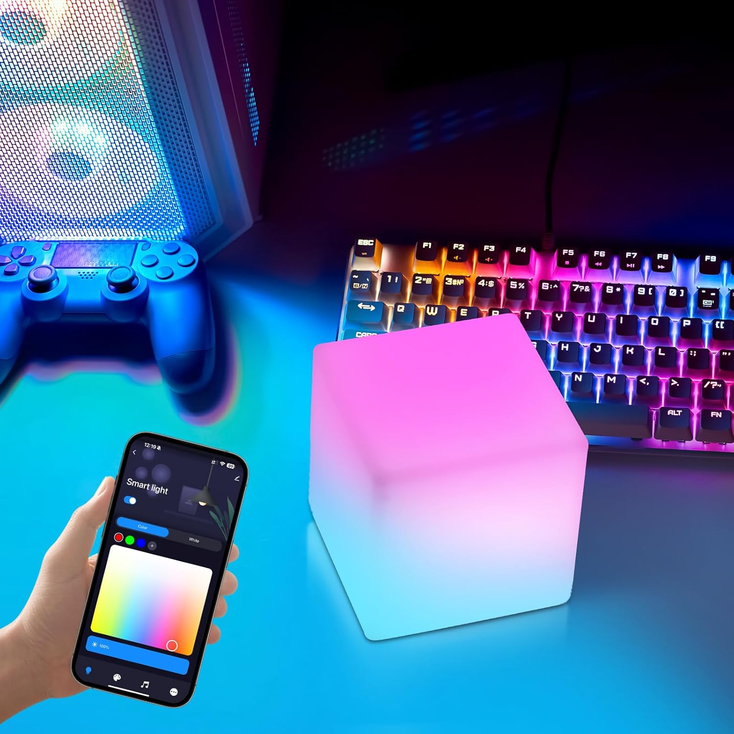 Smart LED Cube Lights, RGBCW Color Change Atmosphere Lights Rechargeable Bedside Lamp, Music Sync,Timer, Dimmable Night Lights for Bedroom, Compatible with Alexa & Google Assistant Smare Cube-02