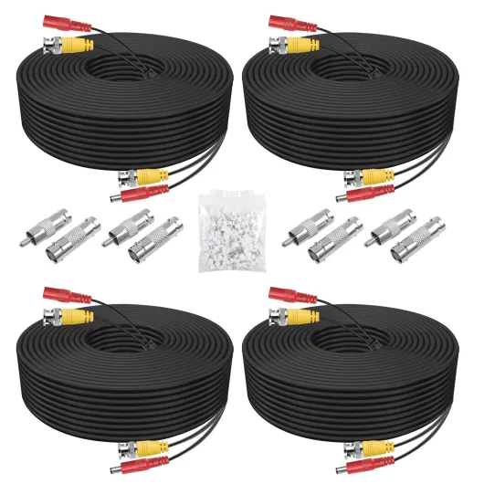 BNC Cable 4 Pack 100 Feet Security Camera Cable,CCTV Video Power Cable Wire for Surveillance Camera DVR Systems with 8pcs Connectors and 100pcs Cable Clips-Black 100 Feet Black