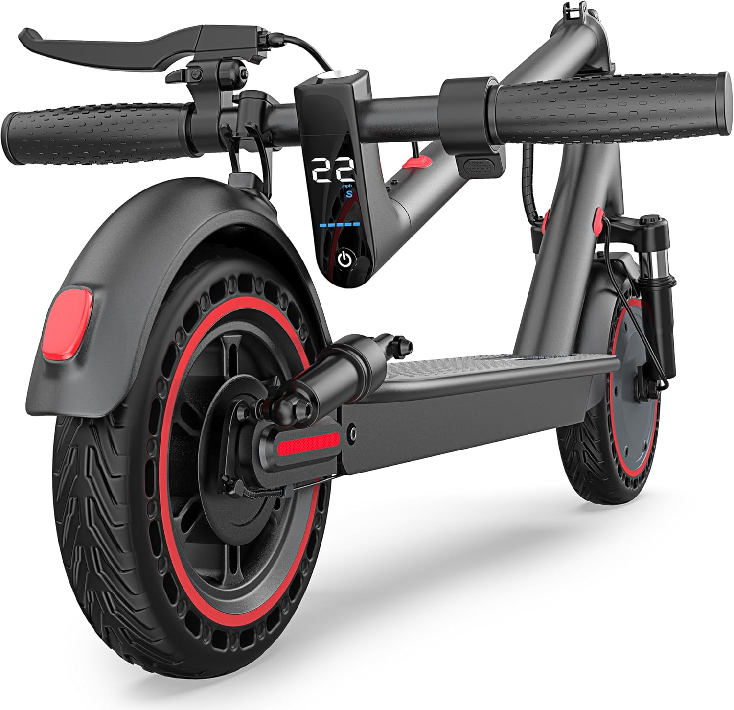 Electric Scooter, 8.5" /10" /14" Tire, 16/19/22 Mph Top Speed, 12/16/21/27/28/49/50 Miles Long Range, Folding Escooter for Adults and Kids with Seat Bag, Dual Braking, Dual Suspension, App 10Inch Solid Tires-10.5Ah