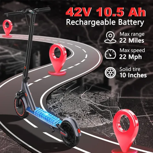 Electric Scooter, 8.5" /10" /14" Tire, 16/19/22 Mph Top Speed, 12/16/21/27/28/49/50 Miles Long Range, Folding Escooter for Adults and Kids with Seat Bag, Dual Braking, Dual Suspension, App 10Inch Solid Tires-10.5Ah