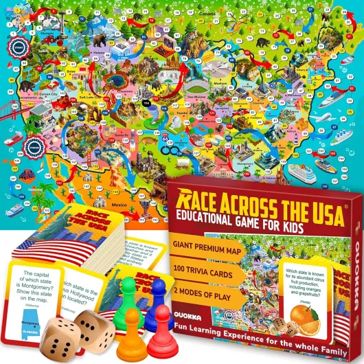 Board Game 1 to 10 Players - Learning, Educational - Geography, United States - 120 Question Cards, Top Facts - Indoor, Outdoor - Kids, Teens, Adults, Family Usa Game Floor Games