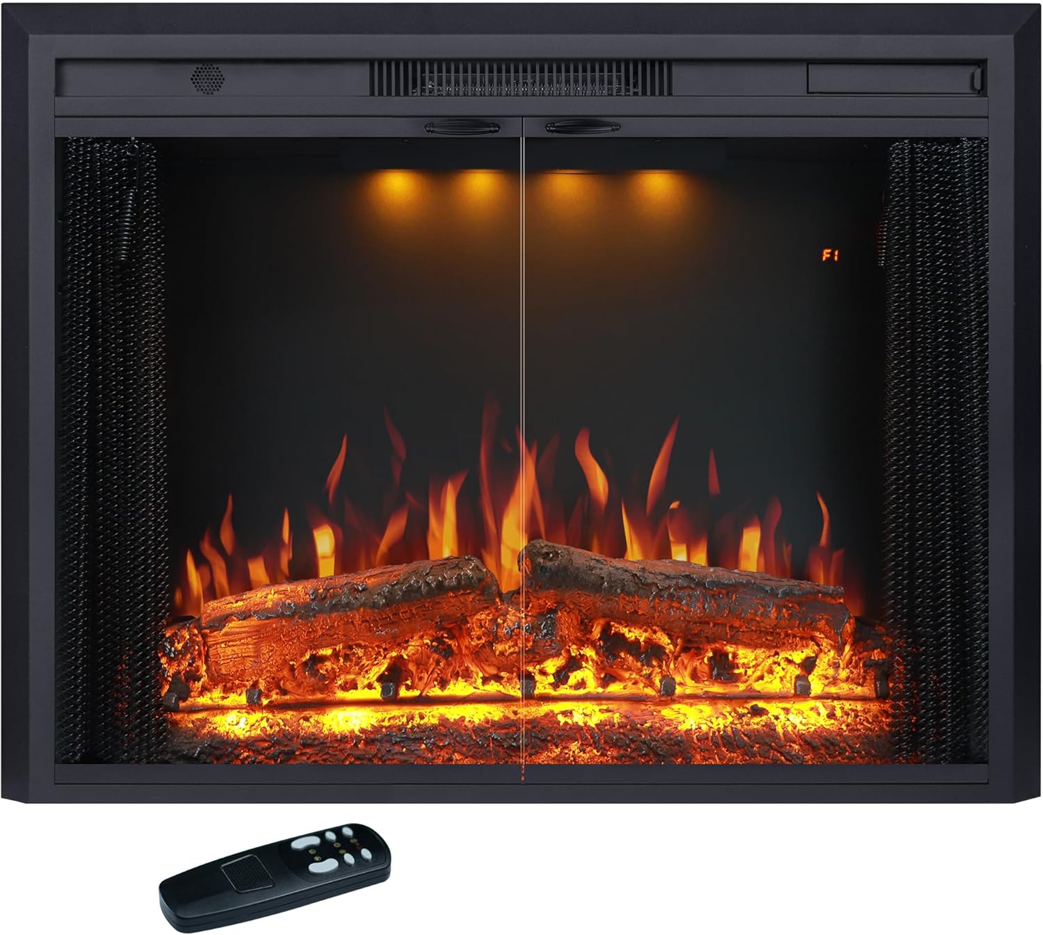 35.63” W 27.5" H Electric Fireplace Insert with Low/High Temperature Settings, Movable Mesh Screen and Glass Door, 1-9H Timer, Remote and Panel Control 36"W27"H