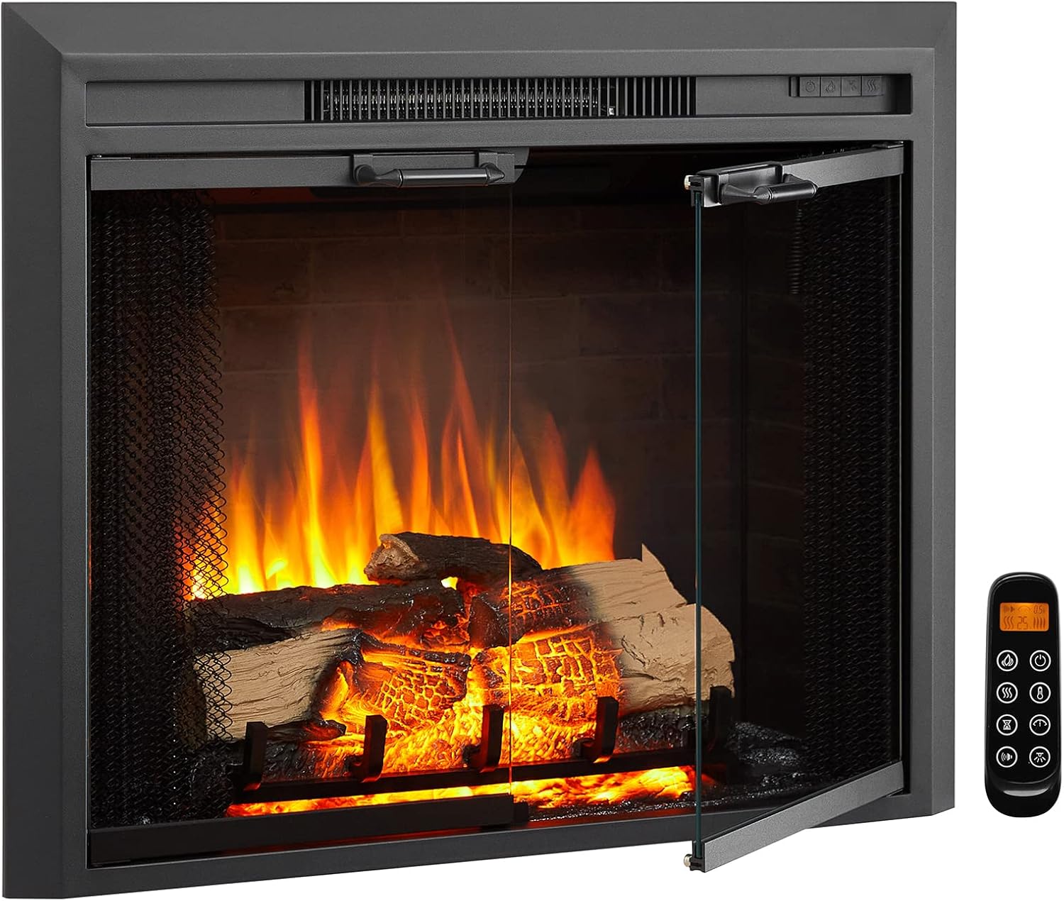 LegendFlame® Damon 30" W Electric Fireplace Insert with Glass Door and Mesh Screen (EF263B), Fireplace Heater 750/1500W, Fire Crackling Sound, Remote Control - 30" without trim