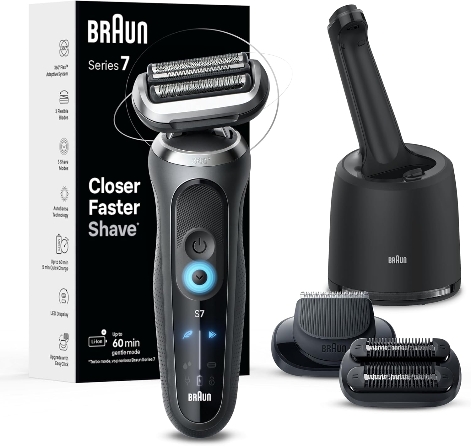 Electric Shaver for Men, Series 7 7185cc, Waterproof, Wet & Dry Shave, Shaving Kit with SmartCare Center and Beard Trimmer, 3 Shave Modes, 60 Minute Battery Runtime, 10 Piece Set Grey 10 Piece Set