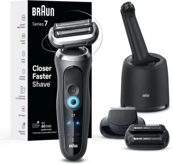 Electric Shaver for Men, Series 7 7185cc, Waterproof, Wet & Dry Shave, Shaving Kit with SmartCare Center and Beard Trimmer, 3 Shave Modes, 60 Minute Battery Runtime, 10 Piece Set Grey 10 Piece Set