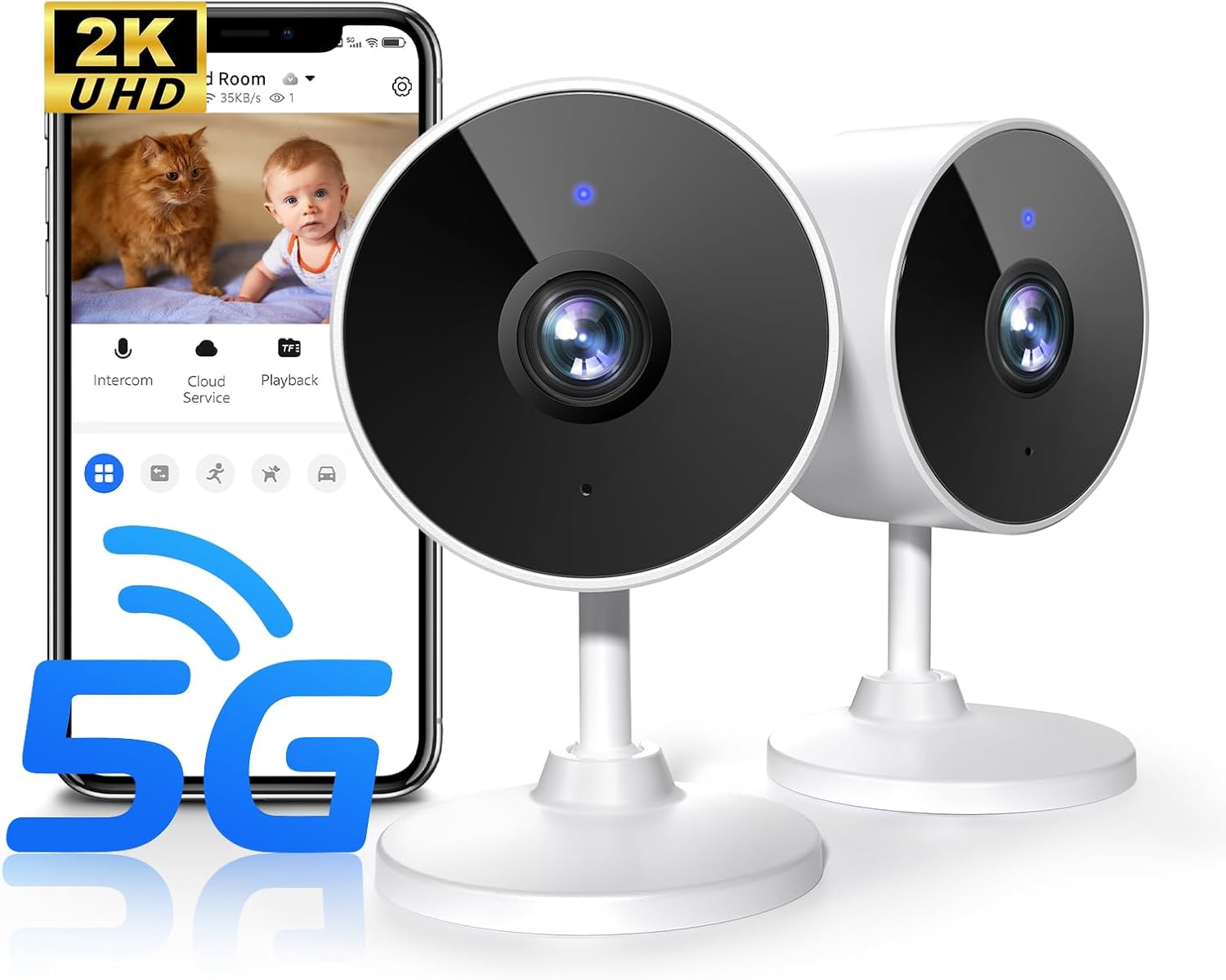 5G/2.4G Cameras for Home Security - 2K Indoor Camera for/Pet/Dog/Cat/Baby Monitor, AI Motion Detection, Night Vision, Motion Detection, 2-Way Audio, 24/7 SD Recording with Phone App