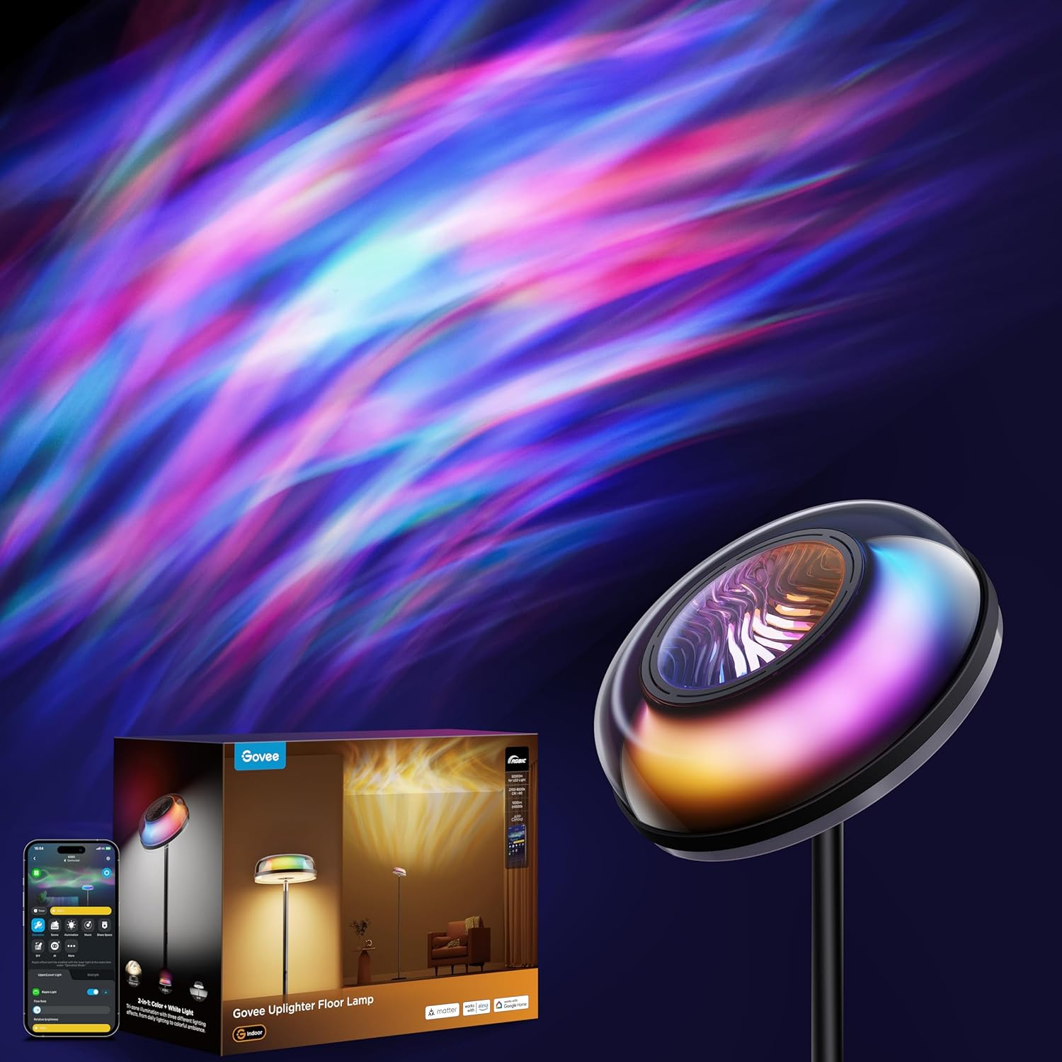 Uplighter Floor Lamp for Living Room, RGBIC Ripple Projector, Floor Lamp for Bedroom, Compatible with SmartThings, Alexa, and Matter, LED Modern Corner Floor Light, Warm Cool White Standing Lamp