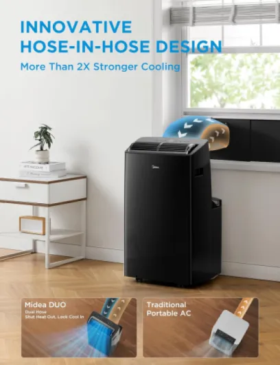Duo 14,000 BTU (12,000 BTU SACC) High Efficiency Inverter, Ultra Quiet Portable Air Conditioner, Cools up to 550 Sq - Ft., Works with Alexa/Google Assistant, Includes Remote Control & Window Kit Black 14,000 BTU - dual hose