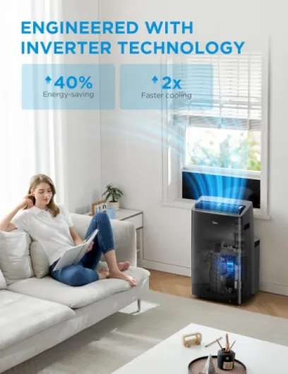 Duo 14,000 BTU (12,000 BTU SACC) High Efficiency Inverter, Ultra Quiet Portable Air Conditioner, Cools up to 550 Sq - Ft., Works with Alexa/Google Assistant, Includes Remote Control & Window Kit Black 14,000 BTU - dual hose