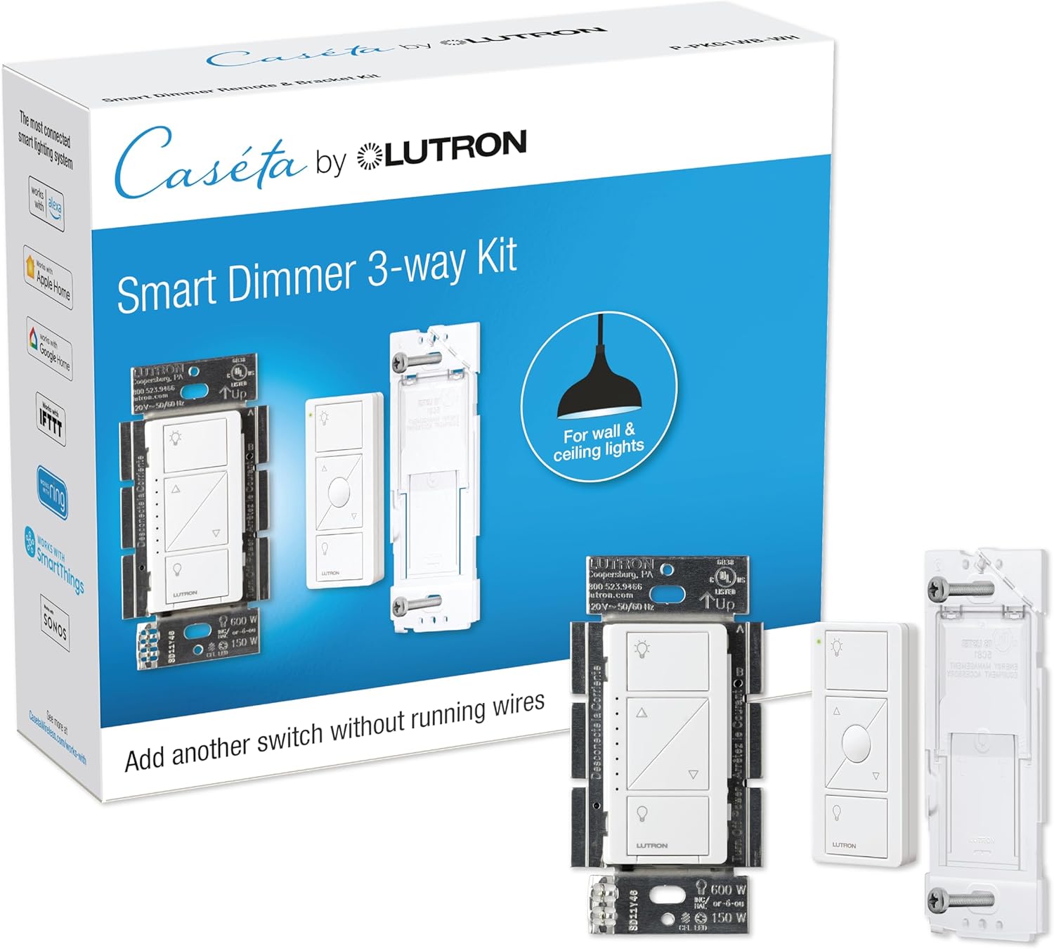 Caseta 3 Way Smart Dimmer Light Switch Kit, Includes Pico Remote, Bracket, and LED Dimmer Switch, No Neutral Required, P-PKG1WB-WH