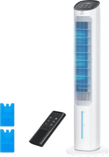 Portable Air Conditioners Fan, 40” Standing Fans that Blow Cold Air, Portable AC，80° Oscillating Evaporative Air Cooler，Removable Water Tank, Ice Packs, Remote Control, 4 Speeds, 7H Timer, White