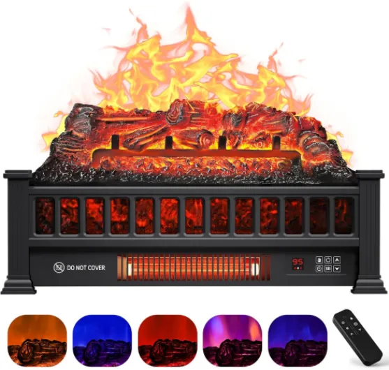 Electric Fireplace Logs Inserts Heater 20-Inch, Remote Controller Fireplace Heater, Adjustable Flame Colors, Realistic Fake firewood Flame, Overheat Protection, Timer, Thermostat, 1500W Black 20"