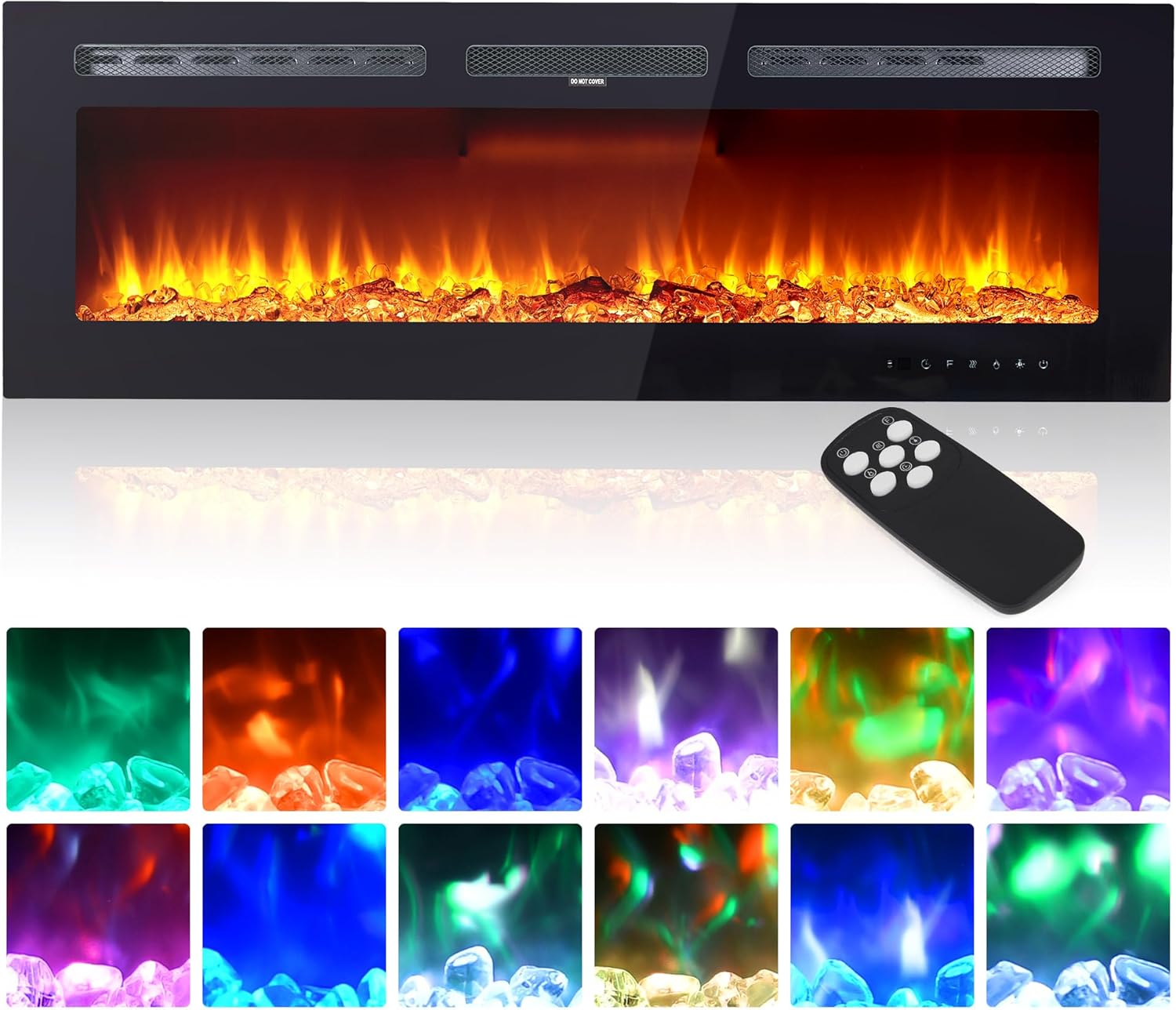 50 in Electric Fireplace Inserts - 1500/750W Ultra Narrow Frame Wall Mounted Fireplaces with 3 Heating Modes - 12 Flame Colors, Remote Control/Timer, Touch Screen, Low Noise Black 50 Inch