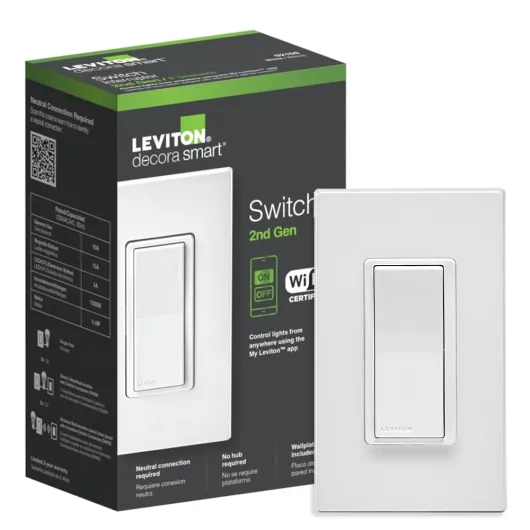 Decora Smart Switch, Wi-Fi 2nd Gen, Neutral Wire Required, Works with Matter, My Leviton, Alexa, Google Assistant, Apple Home/Siri & Wired or Wire-Free 3-Way, D215S-1RW, White