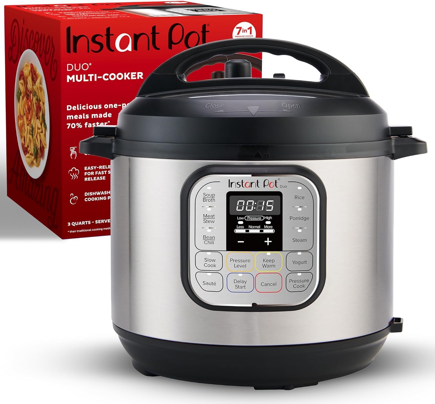 Duo 7-in-1 Mini Electric Pressure Cooker, Slow Rice Cooker, Steamer, Sauté, Yogurt Maker, Warmer & Sterilizer, Includes Free App with over 1900 Recipes, Stainless Steel, 3 Quart 3 Quarts