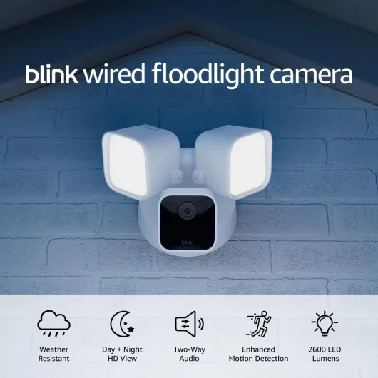 Wired Floodlight Camera, Smart security camera, 2600 lumens, HD live view, enhanced motion detection, built-in siren, Works with Alexa, 1 camera (White) Floodlight Only White