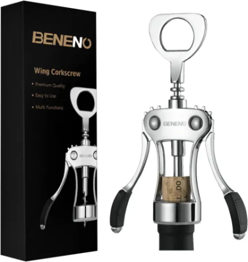 Wine Opener, Zinc Alloy Premium Wing Corkscrew with Multifunctional Bottles Opener, Sharp Wine Corkscrew with Ergonomic Non-Slip Wing Handle, Silver