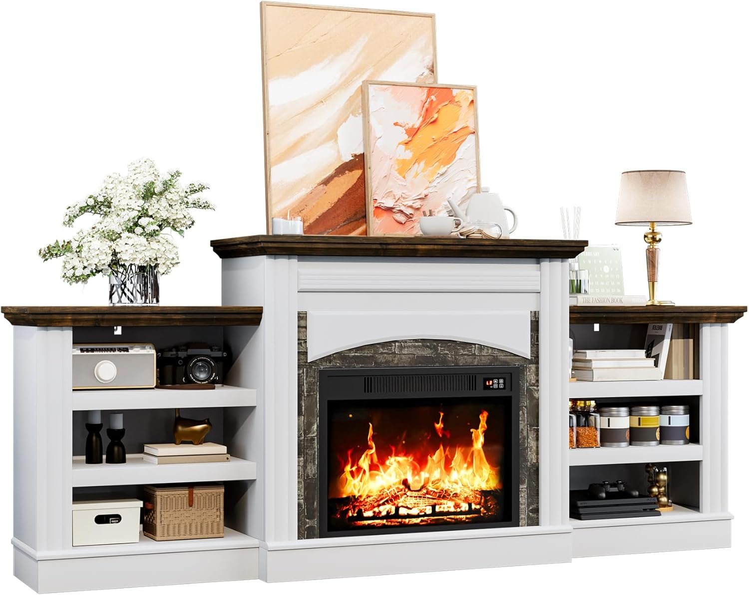 72" Electric Fireplace TV Stand, Electric Fireplace with Mantel, Modern Entertainment Center with Storage, Realistic Stacked Stone Surround for Living Room