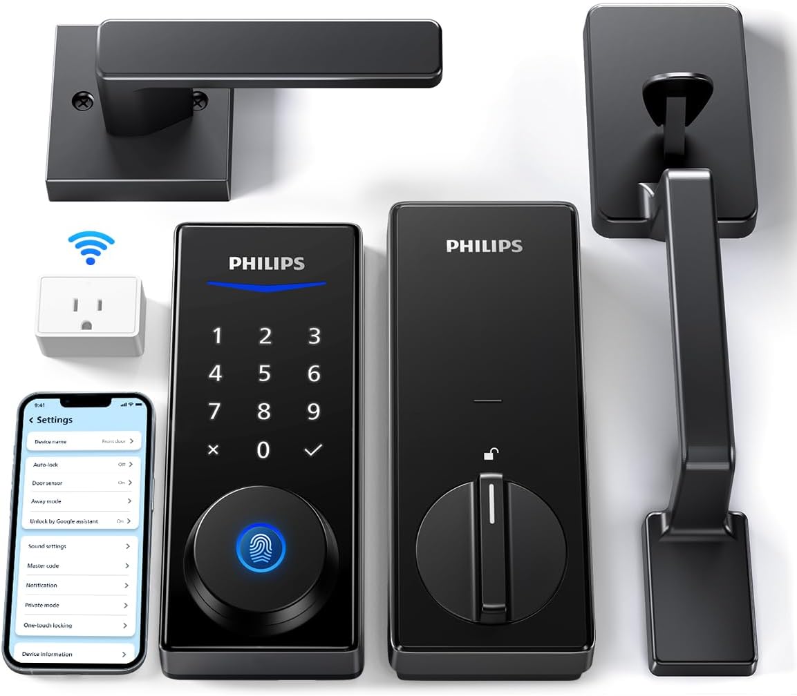 Wi-Fi Smart Lock with Handle, Keyless Entry Keypad Door Lock with Handle, Front Door Deadbolt Set with WiFi Gateway, App Control, Fingerprint Unlock, PIN Code Unlock, Auto Locking Lock + Handle