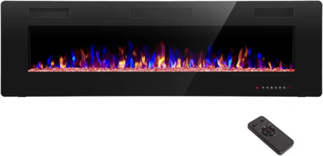 R.W.FLAME 60" Recessed and Wall Mounted Electric Fireplace, Low Noise, Fit for 2 x 6 Stud, Remote Control with Timer, Touch Screen, Adjustable Flame Color and Speed, 750-1500W