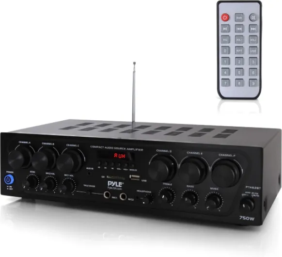 Wireless Bluetooth Home Audio Amplifier System-Upgraded 6 Channel 750 Watt Sound Power Stereo Receiver w/USB, Micro SD, Headphone,2 Microphone Input w/Echo, Talkover for PA - PTA62BT.5