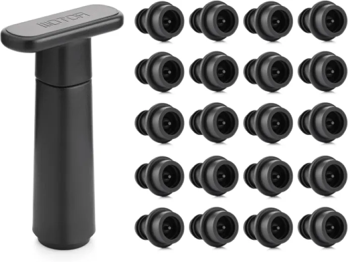 Wine Saver Vacuum Pump with 20 Stoppers, Wine Stopper & Preserver, Reusable Bottle Sealer Keeps Fresh, Ideal Accessories Gift (Flat Handle) Black 1 Pump + 20 Stoppers
