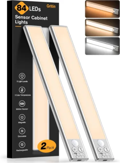 10.2inch Under Cabinet Lighting Rechargeable -84 LED Super Bright,3-Color& 5 Level Brightness,4 Modes,Motion Sensor,Long Lasting- Easy Installation Magnetic Under Cabinet Closet Lights -2 Pack Silver 10.2 inch