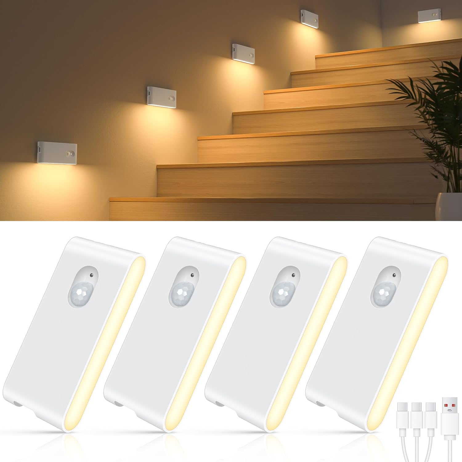 Stair Lights Indoor,Warm White Rechargeable Night Light,Wireless Motion Sensor Night Light,Battery Stick On Lights for Stairway,Hallway,Kitchen,Closet,Cabinet,Bedroom,Kids' Room(4-Pack) White 4 Pack