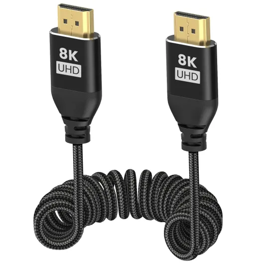 8K HDMI 2.1 Coiled Cable 1-4ft, 8K@60fps 4K@120fps 48Gbps Ultra High Speed HDMI Type A Braided Cord for ATOMOS Ninja V V+ Shogun Ultra, Sony A7S III/A1/FX3/FX6, Panasonic GH5, Canon EOS R5 C,Nikon Z93 HDMI to HDMI