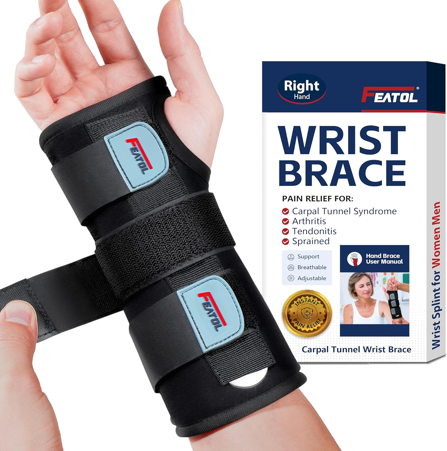 Wrist Brace Hand Brace, Carpal Tunnel Wrist Splint Night Support for Women Men, Pain Relief Support -Tendonitis, Arthritis, Sprain, Right Hand, Small/Medium Small/Medium (Pack of 1) Right Hand -Black