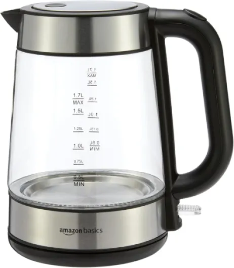 Electric Kettle with Glass Carafe for Tea and Coffee, BPA-Free, Fast Boiling, Auto Shut-Off, 1.8 Quarts, 1500W, Black and Silver Glass Carafe 1.8 Quarts