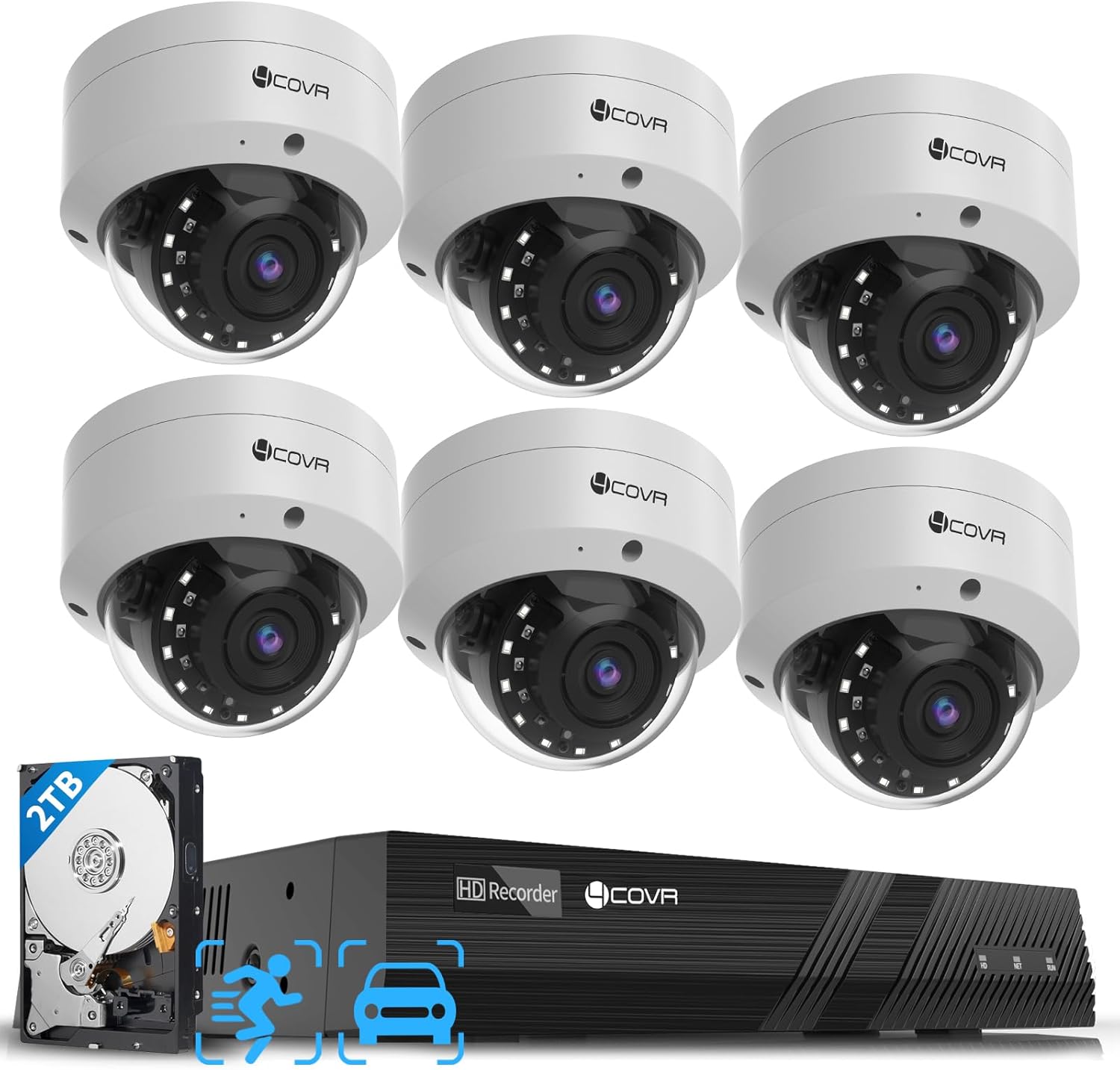 4COVR 8 Channel Security Camera System, 6X 5MP IK10 Vandal-Proof Wired Commercial Dome PoE IP Camera IP67, AI Human Vehicle Detection, 8CH 4K NVR 2TB HDD, 24/7 Home Surveillance Outdoor, LY54AX5M0806 8CH 6Cams