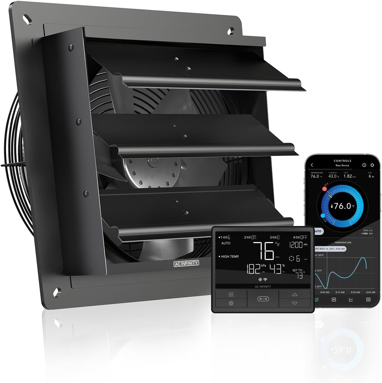 AIRLIFT T10, Shutter Exhaust Fan 10" with WiFi Temperature Humidity Controller, EC-Motor Wall Mount Ventilation and Cooling for Sheds, Attics, Workshops, and Greenhouses 10-Inch, Smart Controller