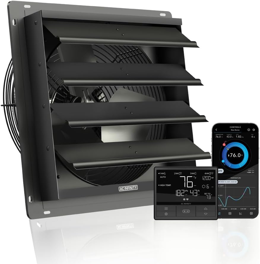 AIRLIFT T14, Shutter Exhaust Fan 14" with WiFi Temperature Humidity Controller, EC-Motor Wall Mount Ventilation and Cooling for Sheds, Attics, Workshops, and Greenhouses 14-Inch, Smart Controller