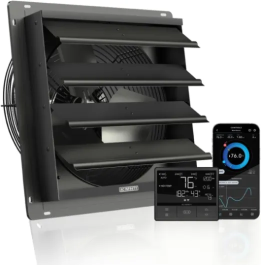 AIRLIFT T14, Shutter Exhaust Fan 14" with WiFi Temperature Humidity Controller, EC-Motor Wall Mount Ventilation and Cooling for Sheds, Attics, Workshops, and Greenhouses 14-Inch, Smart Controller