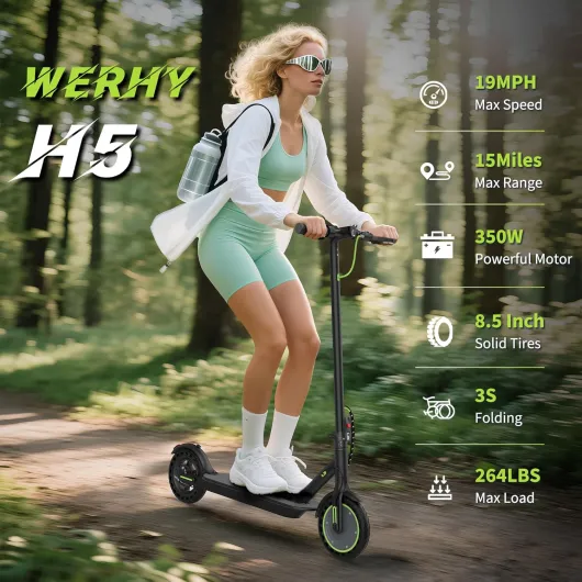Electric Scooter, 10"/8.5" Solid Tire, 500W/350W Powerful Motor & 19/22 MPH Top Speed, 28/25/22/16 Miles Long Range, Folding E Scooter with Dual Braking for Teens and Adults 8.5"-350W-19MPH-Green