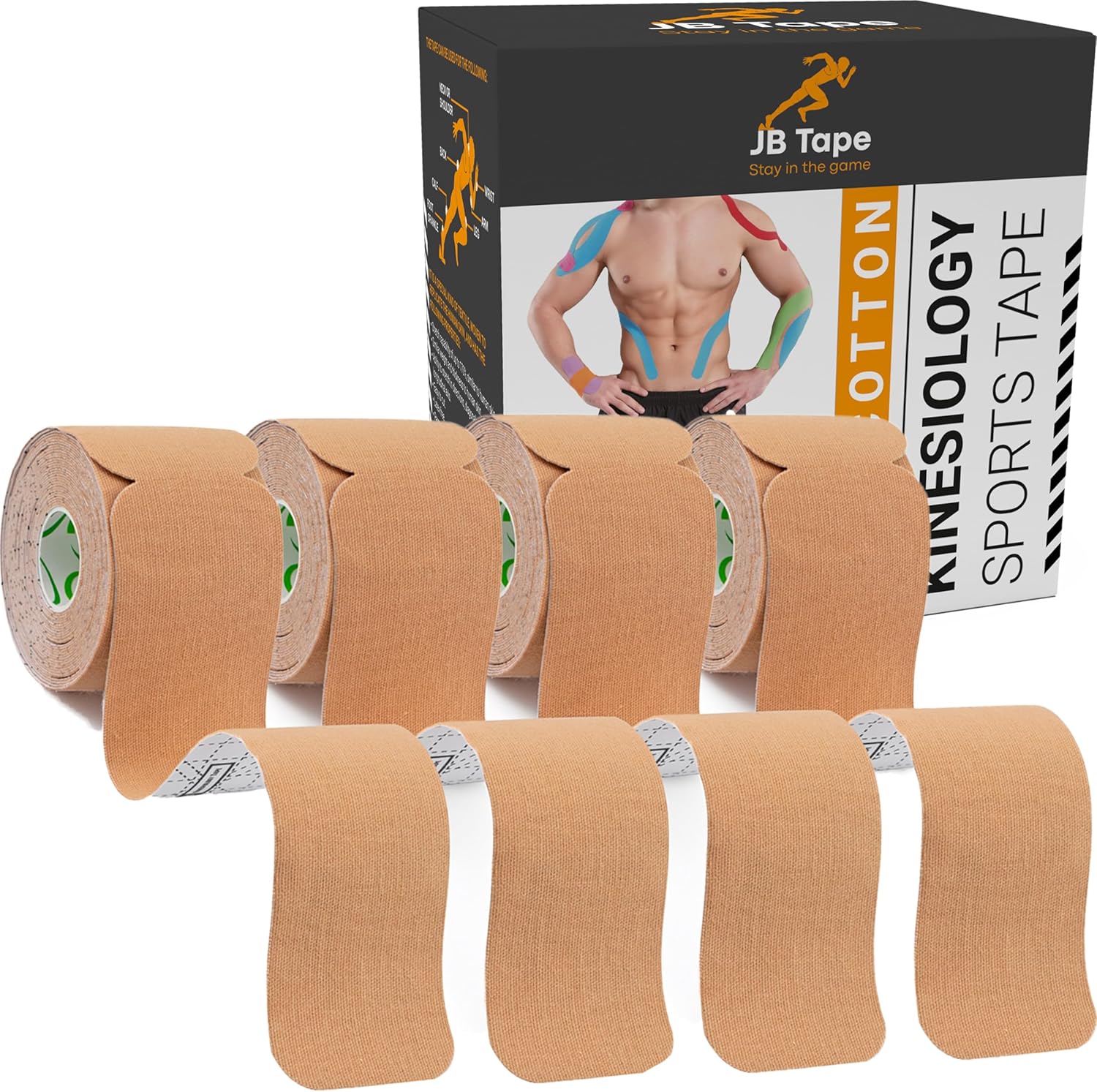JB Tape Kinesiology Tape – 80 Precut 10-Inch Strips – Beige – Elastic, Latex-Free, Water Resistant – Athletic Muscle & Joint Support – 4 Rolls Beige Neutral