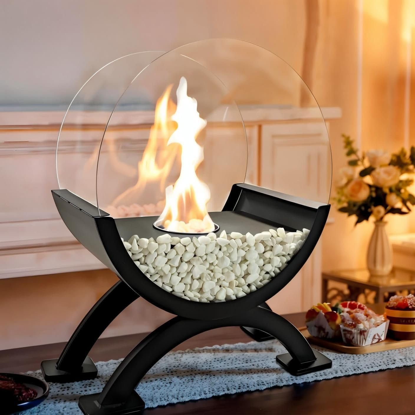 Round Glass Tabletop Fireplace – 12.5" Modern Indoor & Outdoor Decorative Accent with Stones
