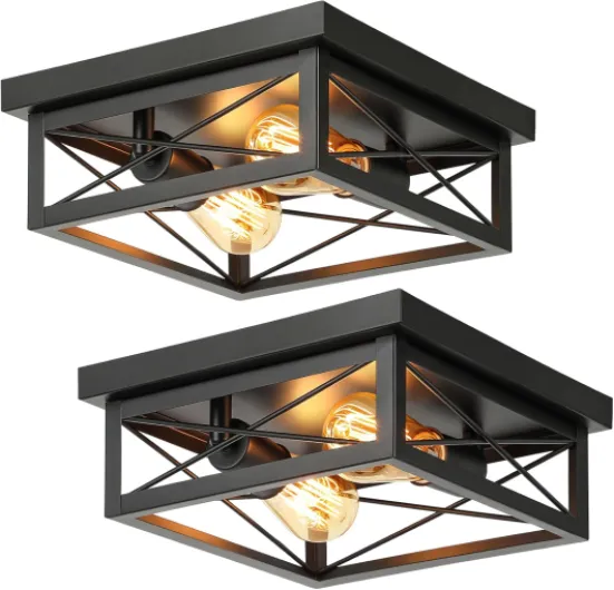 2-Light Industrial Square Flush Mount Ceiling Light, Farmhouse Ceiling Light Fixture for Kitchen, Modern Black Close to Ceiling Light for Hallway Bedroom Balcony Porch Stairway, E26, 2-Pack Black 2-Pack