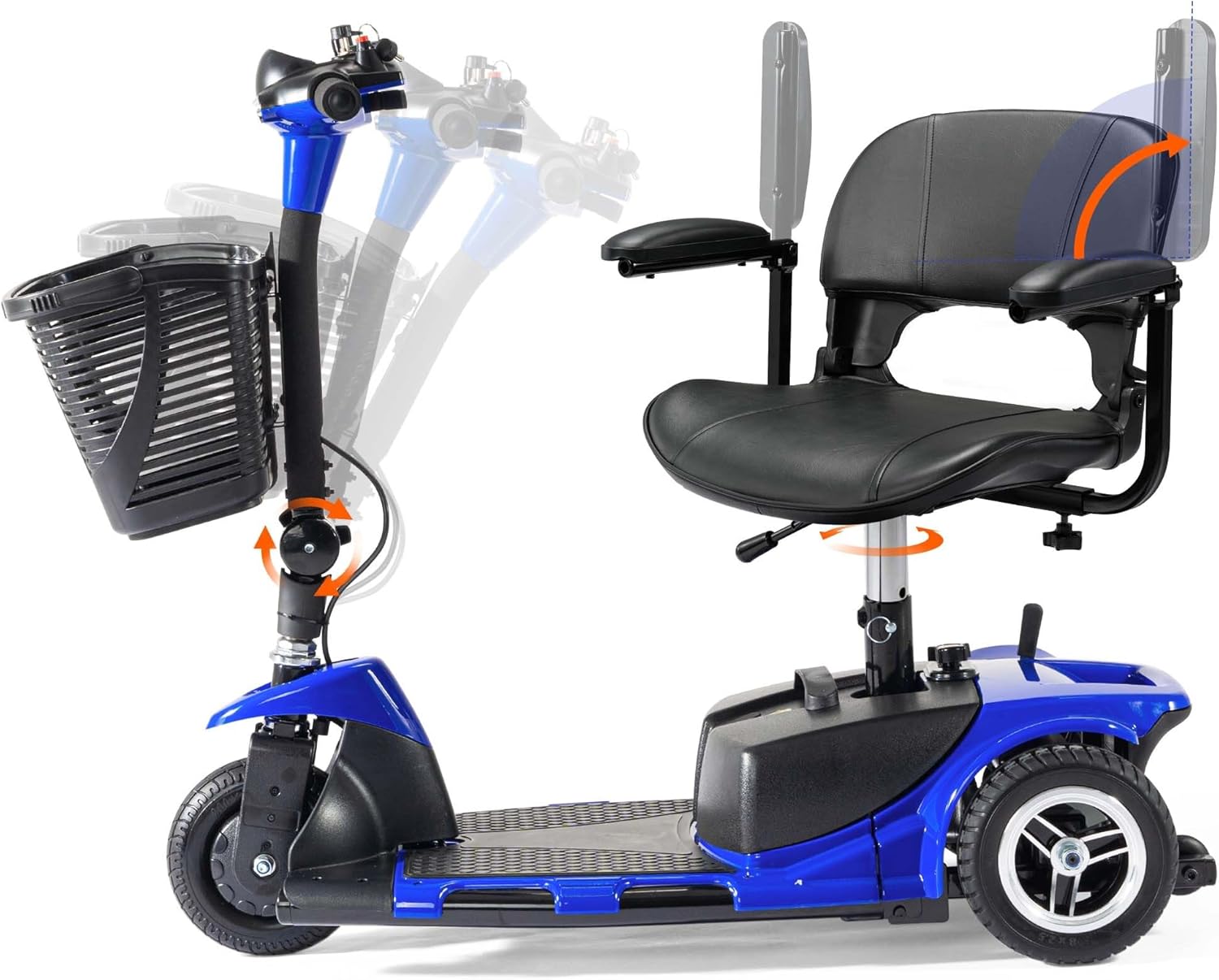 3 Wheel Mobility Scooters for Adults, Folding Mobility Scooter for Seniors, 265 lb Capacity Electric Scooter with Basket, Powered Mobility Scooter for Travel, Long Range Power Battery, Blue Sapphire Blue